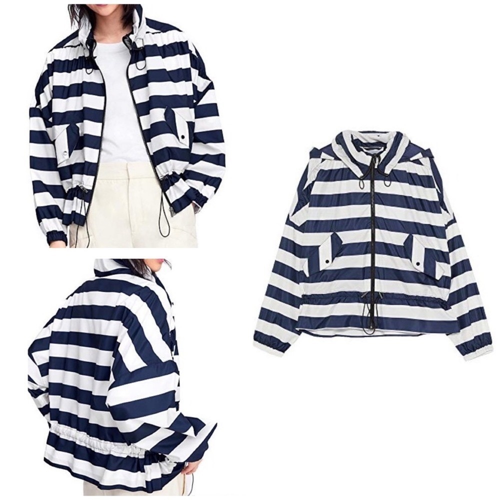 Zara Windbreaker Hooded Oversize Blue/ White Striped Nylon Waterproof Jacket XS